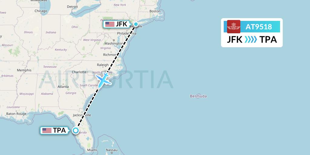 AT9518 Royal Air Maroc Flight Map: New York to Tampa