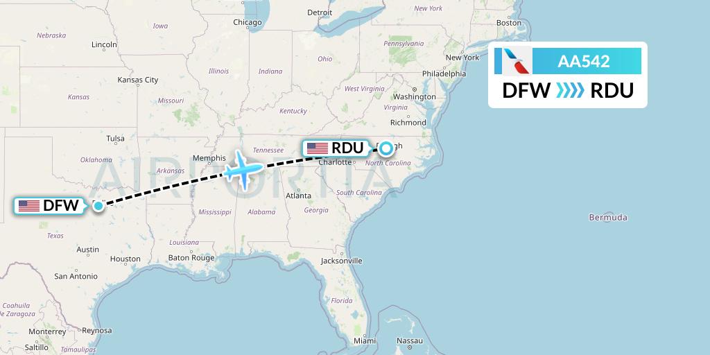 AA542 American Airlines Flight Map: Dallas to Raleigh-Durham