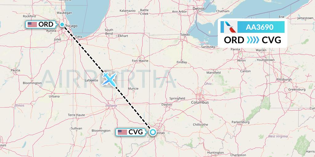 AA3690 American Airlines Flight Map: Chicago to Cincinnati