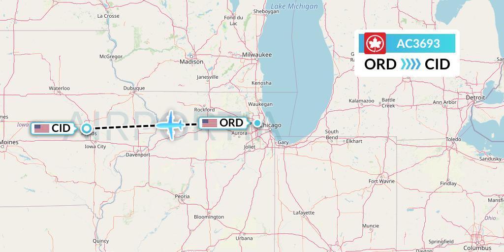 AC3693 Air Canada Flight Map: Chicago to Cedar Rapids