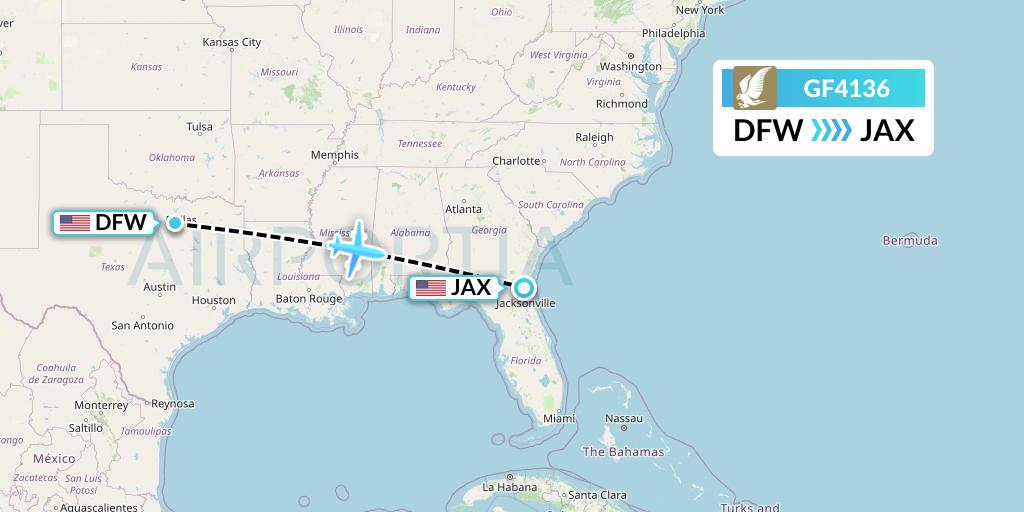 GF4136 Gulf Air Flight Map: Dallas to Jacksonville