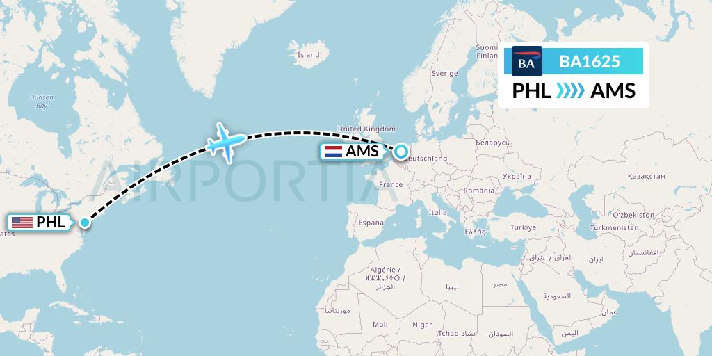 BA1625 British Airways Flight Map: Philadelphia to Amsterdam