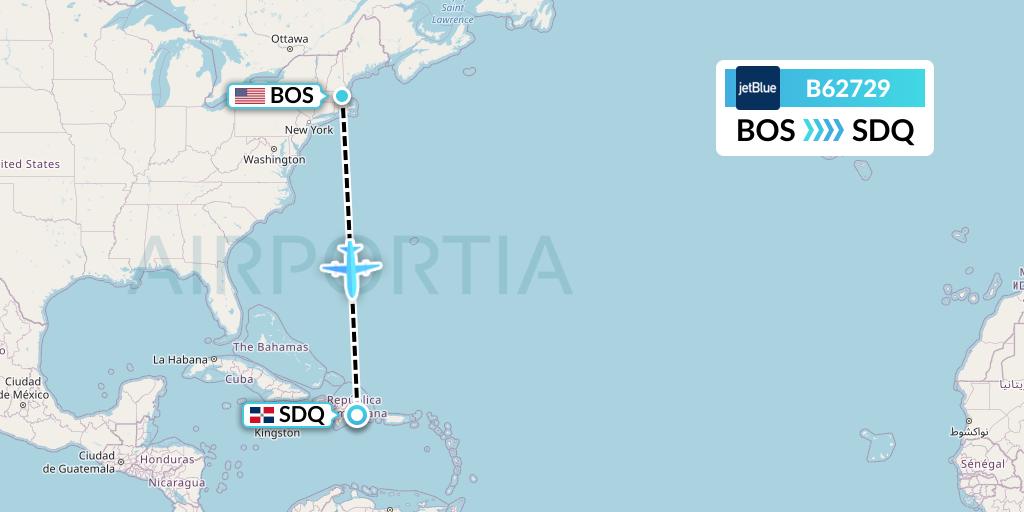 B62729 JetBlue Airways Flight Map: Boston to Santo Domingo