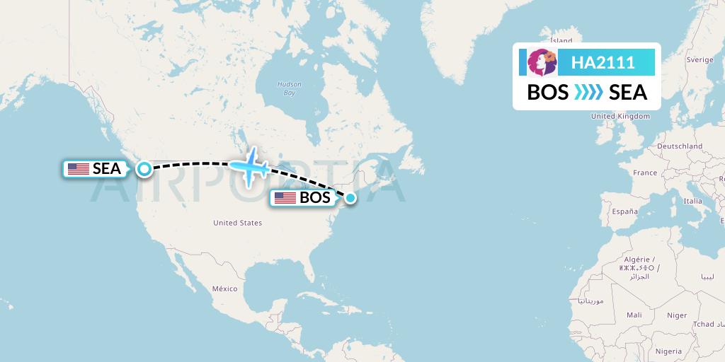 HA2111 Hawaiian Airlines Flight Map: Boston to Seattle