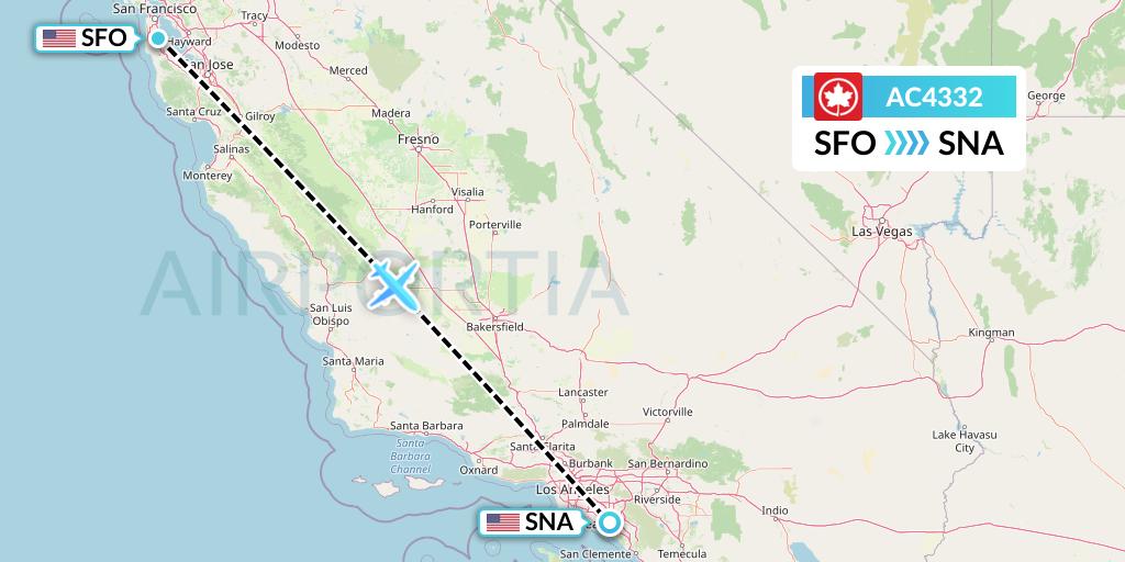 AC4332 Air Canada Flight Map: San Francisco to Orange County