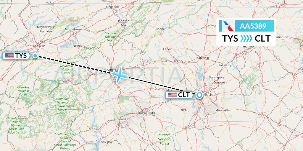 AA5389 American Airlines Flight Map: Knoxville to Charlotte
