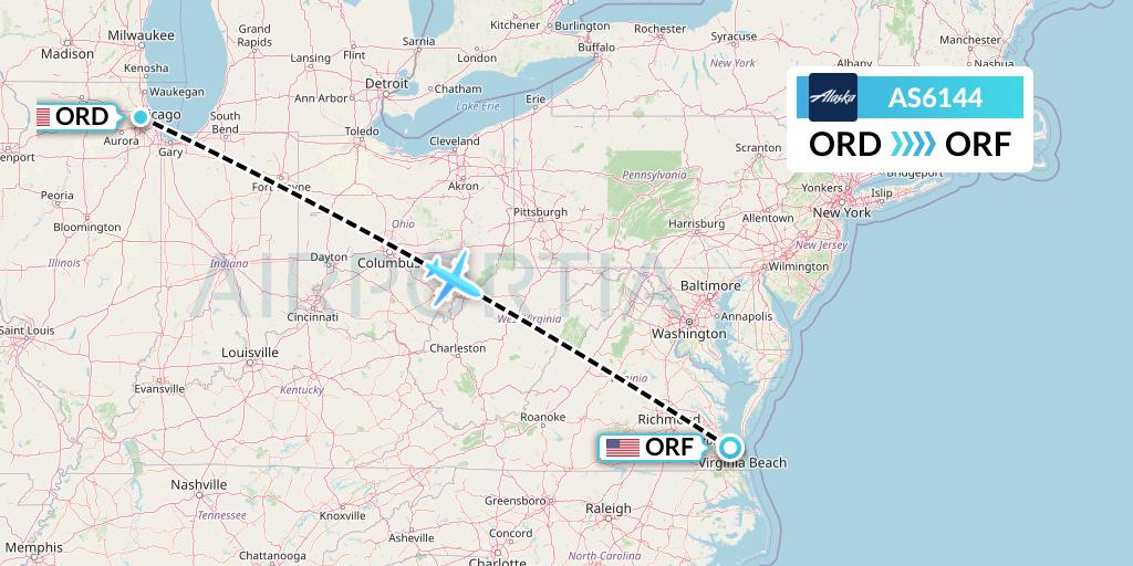 AS6144 Alaska Airlines Flight Map: Chicago to Norfolk