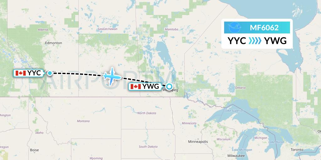 MF6062 Xiamen Airlines Flight Map: Calgary to Winnipeg
