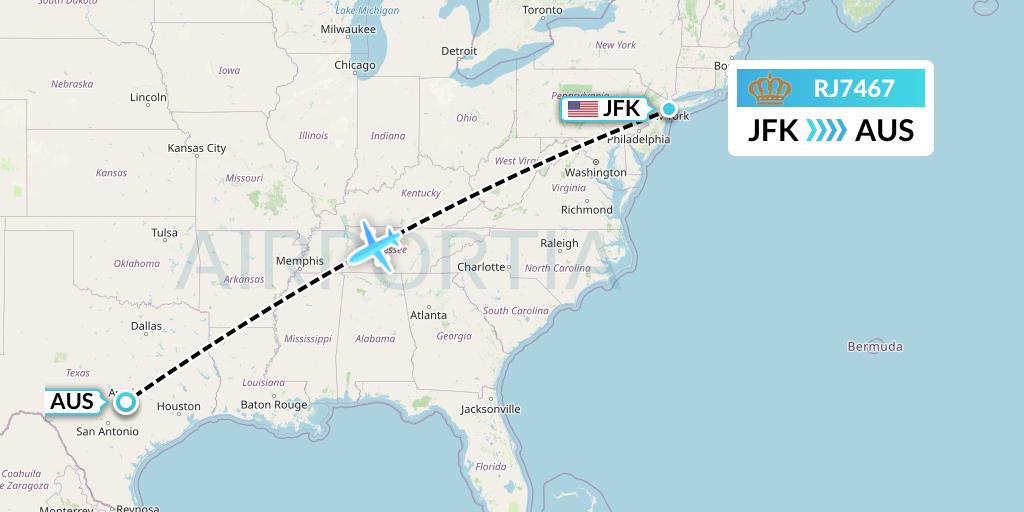 RJ7467 Royal Jordanian Flight Map: New York to Austin