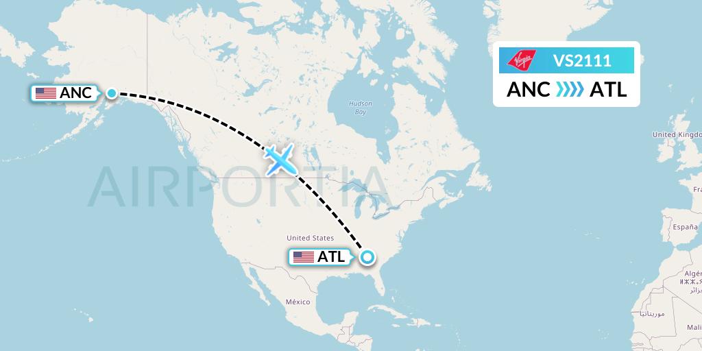 VS2111 Virgin Atlantic Airways Flight Map: Anchorage to Atlanta