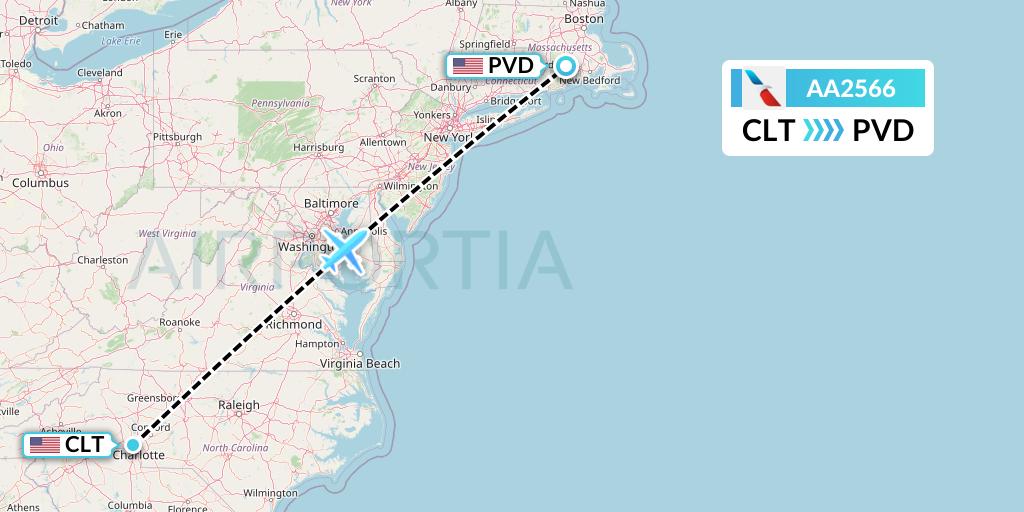 AA2566 American Airlines Flight Map: Charlotte to Providence