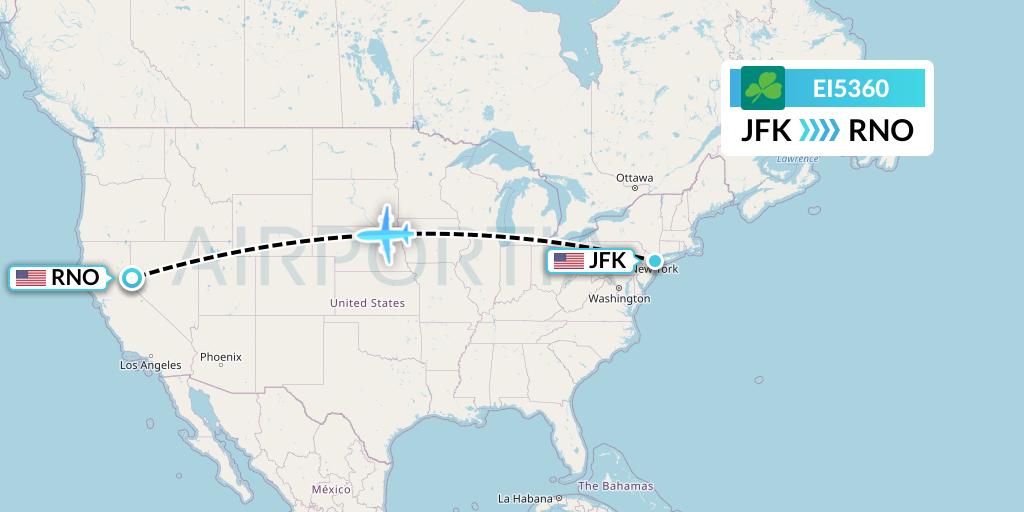 EI5360 Aer Lingus Flight Map: New York to Reno