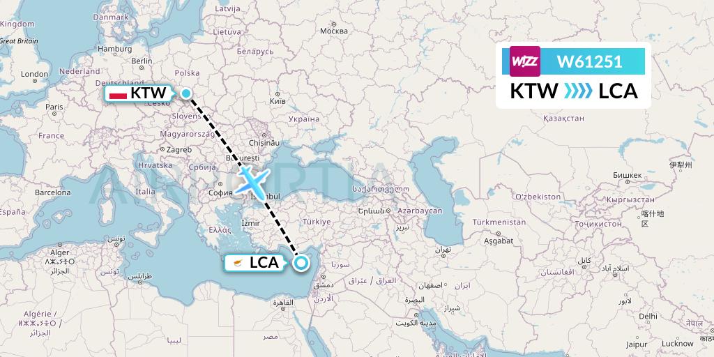 W61251 Wizz Air Flight Map: Katowice to Larnaca
