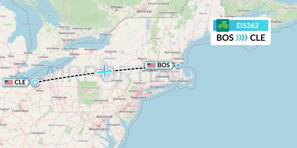 EI5362 Aer Lingus Flight Map: Boston to Cleveland