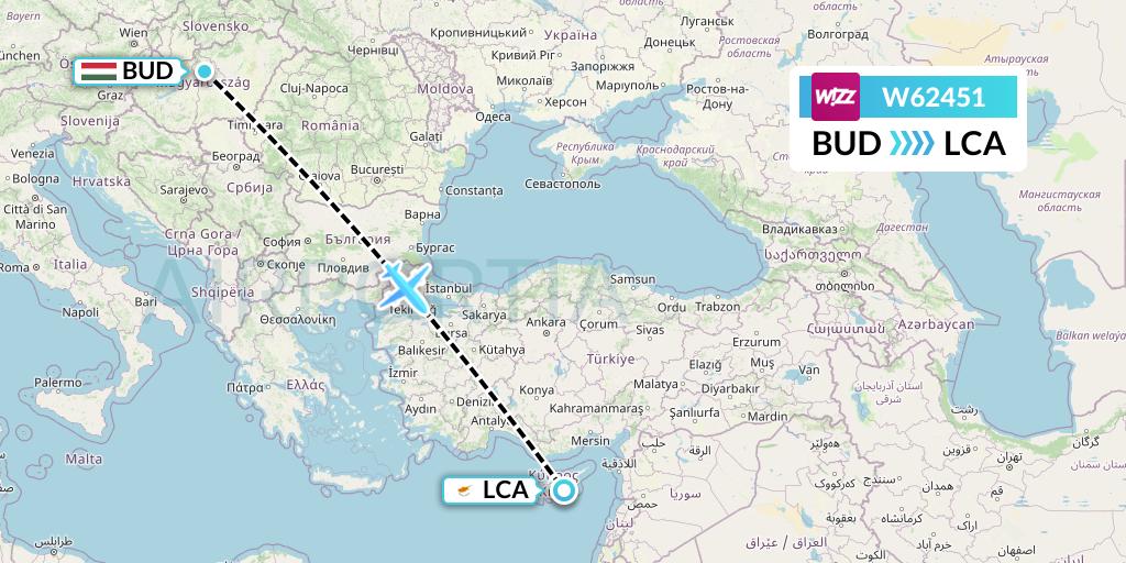 W62451 Wizz Air Flight Map: Budapest to Larnaca