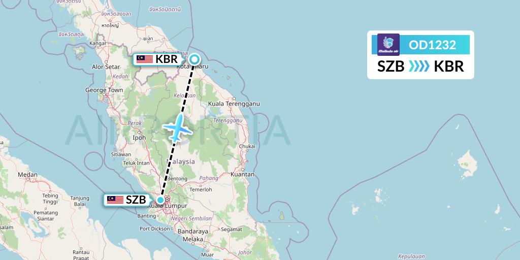 OD1232 Batik Air Malaysia Flight Map: Kuala Lumpur to Kota Bharu