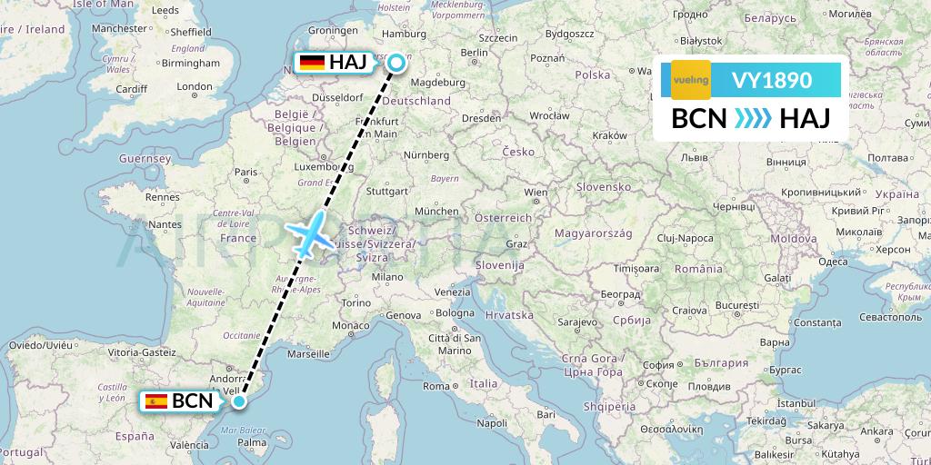 VY1890 Vueling Flight Map: Barcelona to Hannover