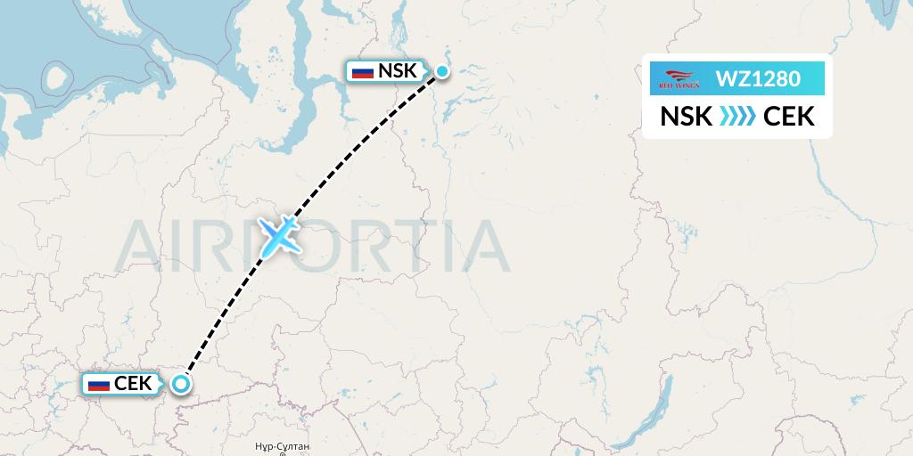 WZ1280 Red Wings Flight Map: Norilsk to Chelyabinsk
