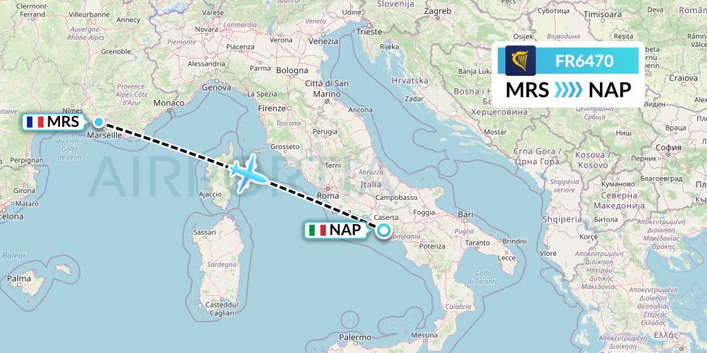 FR6470 Ryanair Flight Map: Marseille to Naples