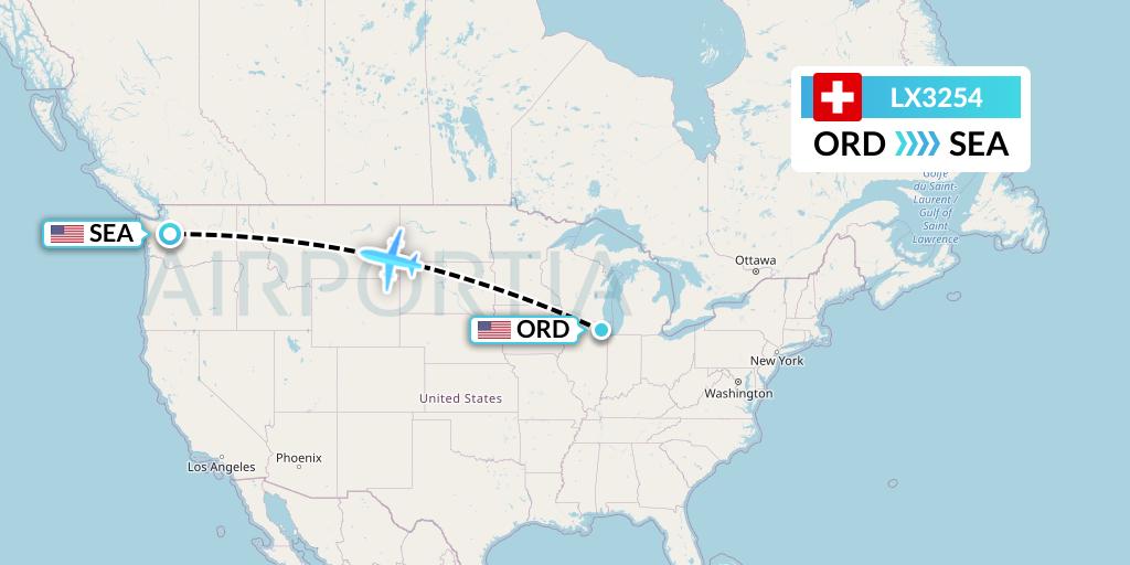 LX3254 Swiss Flight Map: Chicago to Seattle