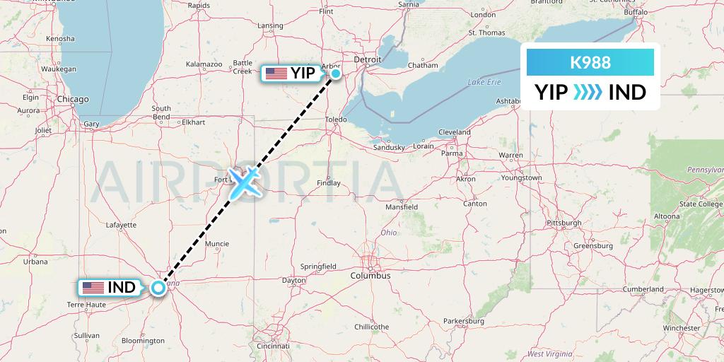 K988 Kalitta Charters Flight Map: Detroit to Indianapolis
