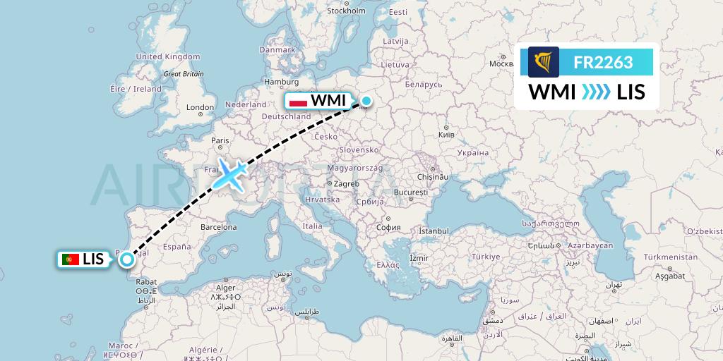 FR2263 Ryanair Flight Map: Warsaw to Lisbon
