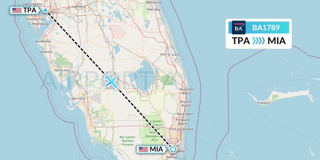 BA1789 British Airways Flight Map: Tampa to Miami