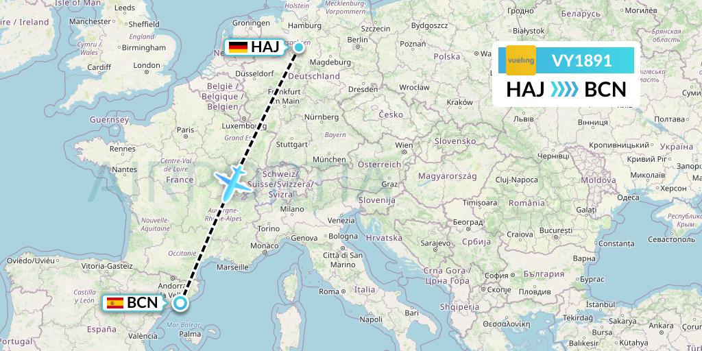 VY1891 Vueling Flight Map: Hannover to Barcelona