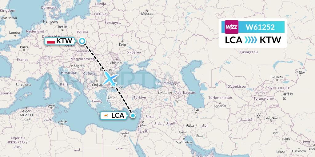 W61252 Wizz Air Flight Map: Larnaca to Katowice