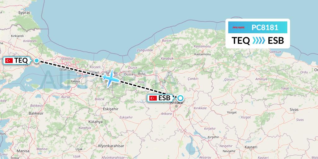 PC8181 Pegasus Airlines Flight Map: Tekirdag to Ankara