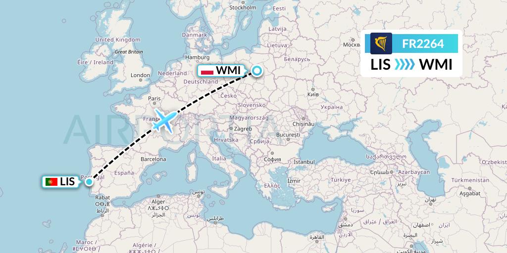 FR2264 Ryanair Flight Map: Lisbon to Warsaw
