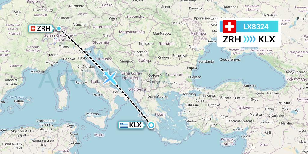LX8324 Swiss Flight Map: Zurich to Kalamata