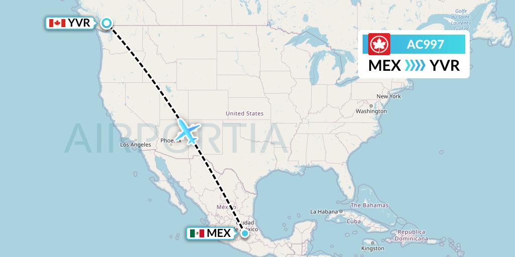 AC997 Air Canada Flight Map: Mexico City to Vancouver