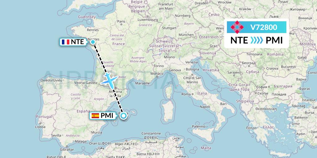 V72800 Volotea Flight Map: Nantes to Palma de Mallorca