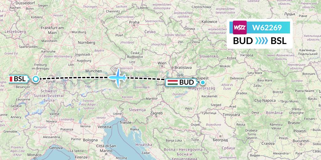 W62269 Wizz Air Flight Map: Budapest to Basel