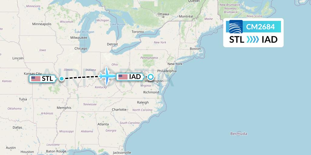 CM2684 Copa Airlines Flight Map: St. Louis to Washington