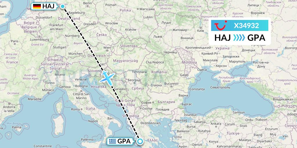 X34932 TUI fly Germany Flight Map: Hannover to Patras