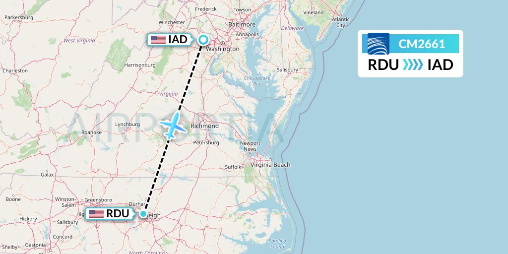 CM2661 Copa Airlines Flight Map: Raleigh-Durham to Washington