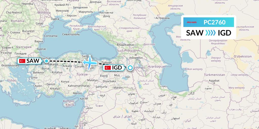 PC2760 Pegasus Airlines Flight Map: Istanbul to Igdir