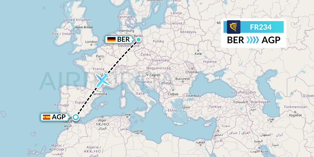 FR234 Ryanair Flight Map: Berlin to Malaga