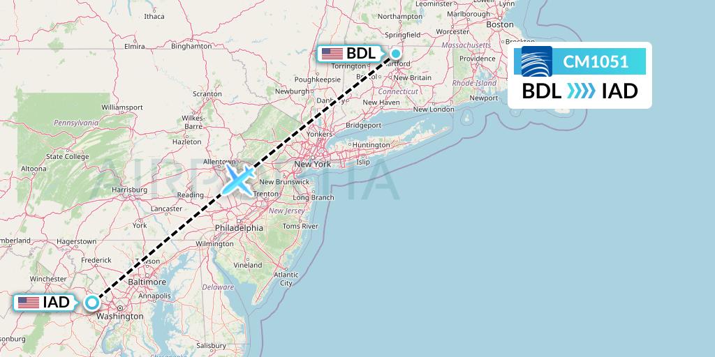 CM1051 Copa Airlines Flight Map: Windsor Locks to Washington