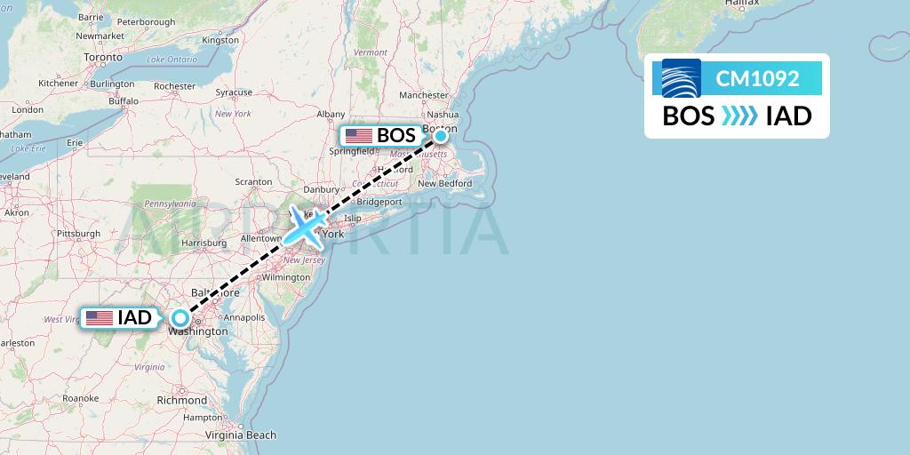 CM1092 Copa Airlines Flight Map: Boston to Washington