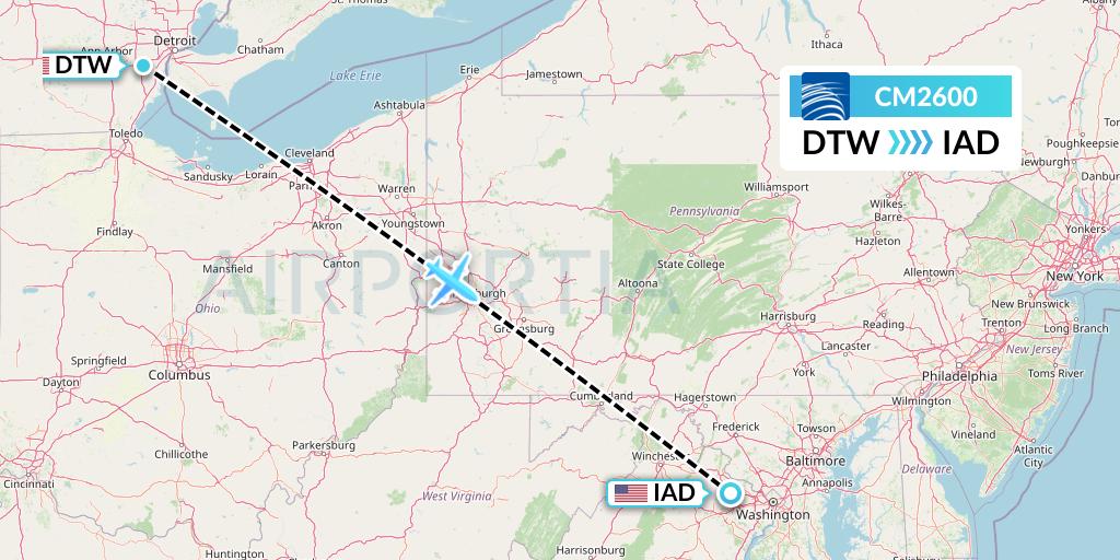 CM2600 Copa Airlines Flight Map: Detroit to Washington