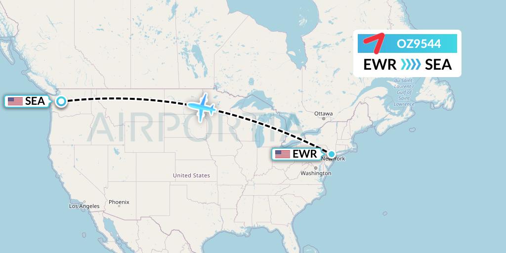 OZ9544 Asiana Airlines Flight Map: New York to Seattle