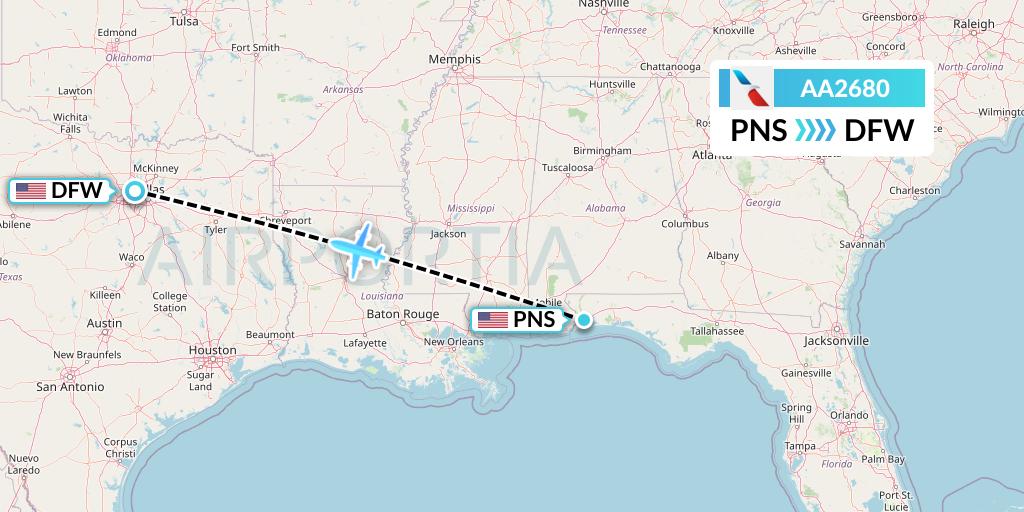 AA2680 American Airlines Flight Map: Pensacola to Dallas