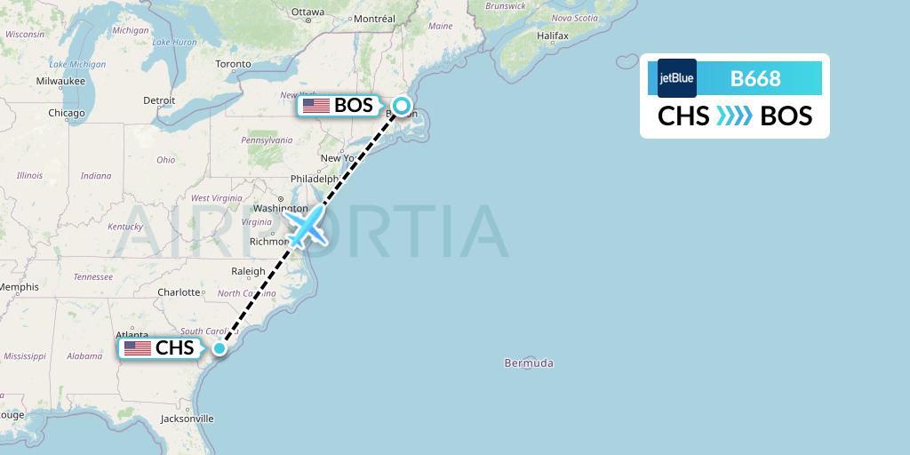B668 JetBlue Airways Flight Map: Charleston to Boston