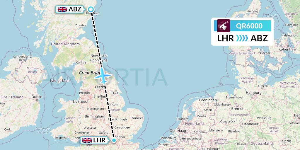 QR6000 Qatar Airways Flight Map: London to Aberdeen