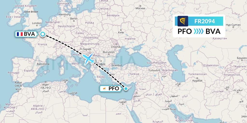 FR2094 Ryanair Flight Map: Pafos to Paris