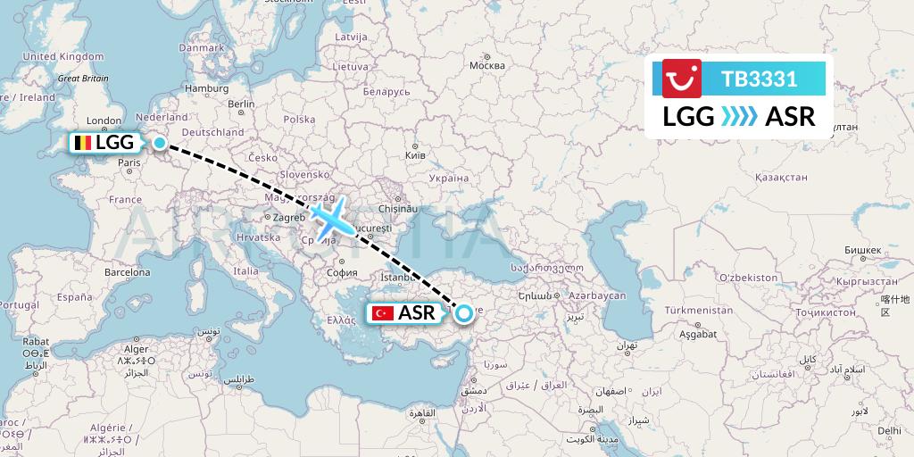 TB3331 TUI fly Belgium Flight Map: Liege to Kayseri