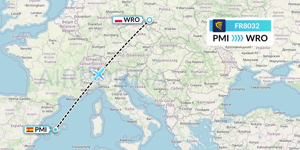 FR8032 Ryanair Flight Map: Palma de Mallorca to Wroclaw